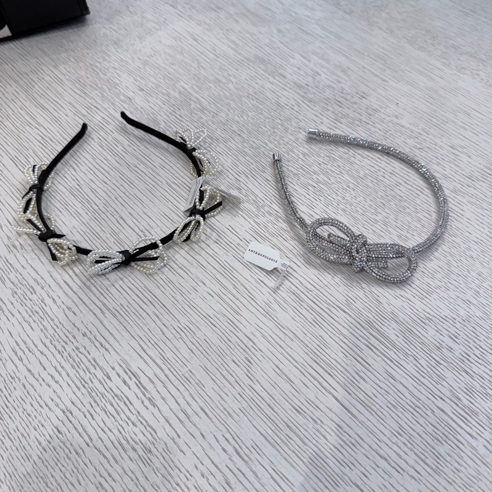 NWT ANTHROPOLOGIE BOW HEADBANDS - SET OF 2 - PEARL/RHINESTONE